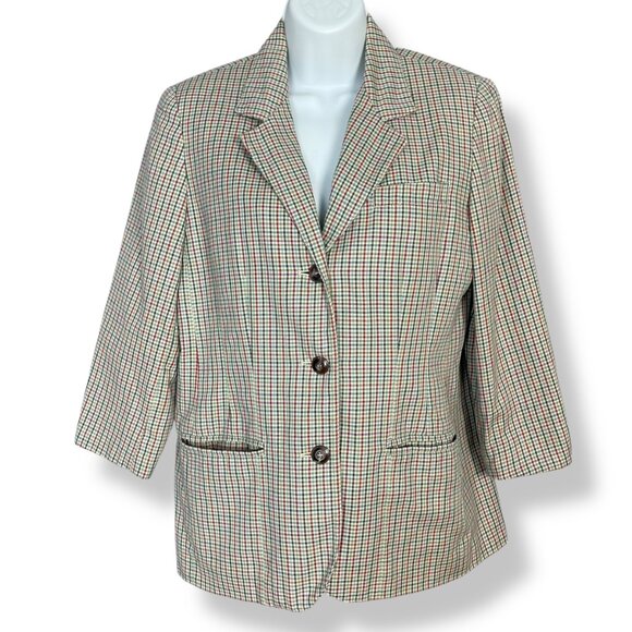 Vintage Plaid Blazer 90s Women Patch Pockets Liz Sport Button-Up Quirky Petite 2 - Picture 1 of 12